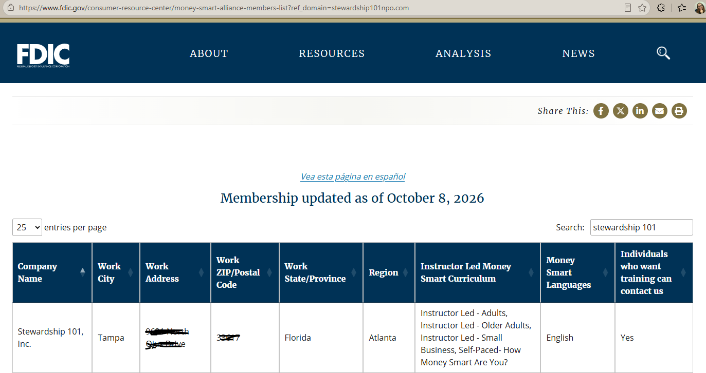 FDIC Money Smart Alliance directory screenshot showing Stewardship 101 Inc. in Tampa, Florida; directory marked updated October 8, 2026.